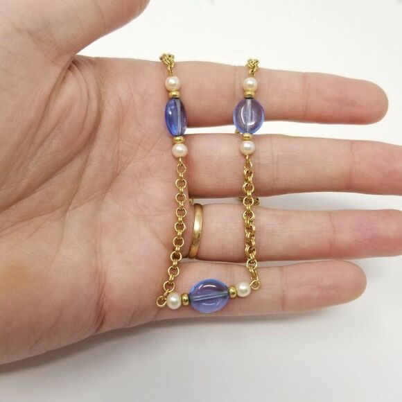 Vintage Avon Blue Beaded Gold Tone Chain Necklace, Retro Estate - Picture 3 of 5